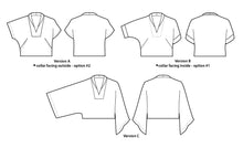 Load image into Gallery viewer, Technical drawing of a shirt with three different collar designs labeled Version A, B, and C.