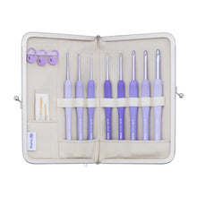 Load image into Gallery viewer, Set of purple crochet hooks in a beige case on a white background