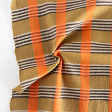 Load image into Gallery viewer, Plaid fabric with orange, brown, and black stripes on a white background